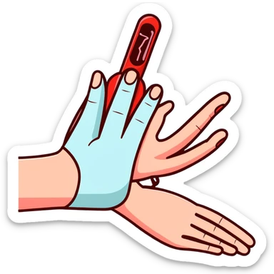 Forearm with allergy skin prick test showing red reaction bumps, 5 fingers visible at the wrist, medical procedure sticker