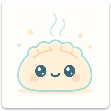 a dumpling with steam rising, smiling face, kawaii style, adorable, cute expression sticker