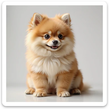realistic Pomeranian dog, fluffy fur, sitting, photorealistic style sticker