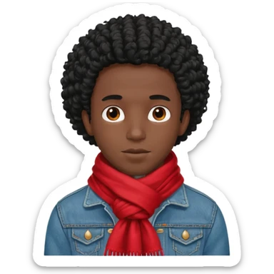 black skin man, curly black hair wear big red scraft, jean jacket sticker