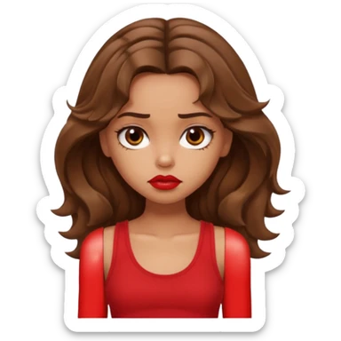 generate a pretty tan bratz girl with brown wavy hair long wearing a red tank top, red lipstick. Looking sad sticker