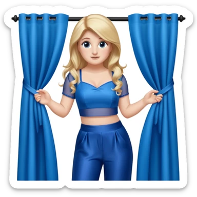 Meghan Trainor dressed in blue crop and blue silk pants holding blue curtain  sticker