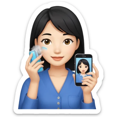 a korean cosmetics marketing expert women with black hair, holding face-mist and phone with smile on sticker