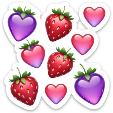 strawberries, pink and purple hearts, candy sticker