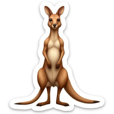 Full-body Australian Kangaroo – Cinematic-realistic Australian kangaroo, standing tall with powerful hind legs and a muscular tail for balance. Its reddish-brown fur glows under the golden sunlight, ears perked and eyes alert. The rugged outback stretches behind it, with dry grass and scattered eucalyptus trees completing the iconic scene. sticker