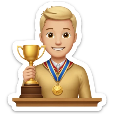 winner ceremony with one guy standing in a winner's podium and having a medal around his neck and holding a trophy sticker