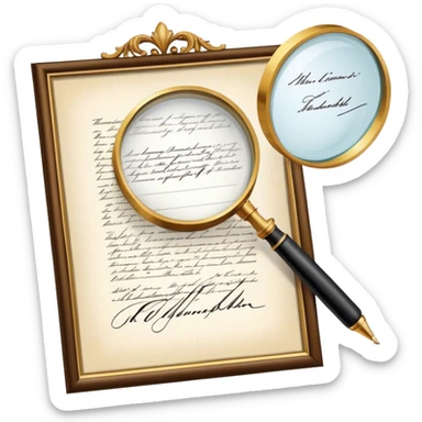 Icon for Autograph Collecting: a signed piece of paper or book page with a famous signature, surrounded by a magnifying glass, and a collection of several framed autographs. Transparent background. sticker