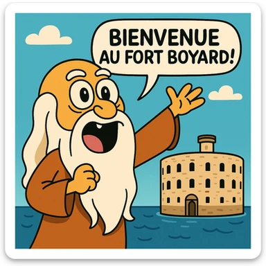 Père fouras  de fort boyard qui cri bienvenue au fort boyard // style enfantin dessin animé cartoons américain style gumball sticker