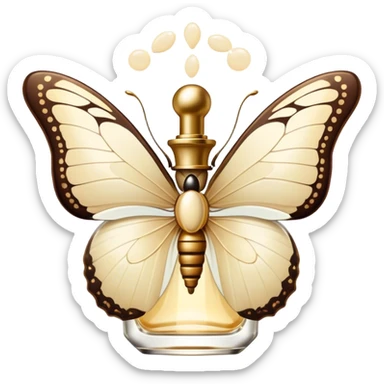 A delicate butterfly with wings in ivory and beige, and a flacon of vintage-style cream aesthetic perfume sticker