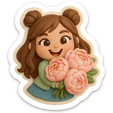 3D chibi fondant cake art style, high-quality rendering with smooth shadows and soft gradients. Girl based on reference image, preserving facial features and eye shape exactly as in the reference. Long brown hair styled in two space buns, brown eyes. Thick white outline like a sticker, transparent background. She is smiling widely and holding a lush bouquet of giant soft pink peonies close to her chest, some petals touching her cheeks. sticker