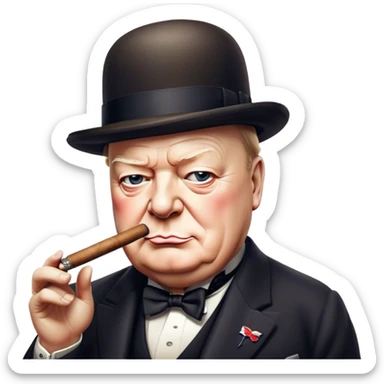 Cinematic Realistic Winston Churchill Portrait Emoji, depicted as a resolute British statesman with a signature bowler hat and a cigar, exuding determined leadership and wartime valor, rendered with lifelike textures and dramatic vintage lighting that captures his iconic British spirit. sticker