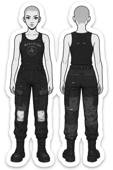 1 female outfit design for a VTUBER OC. The style is mixed 90's grunge, punk, lots of black and white in the color scheme, futuristic aesthetic. Clothing has small rips and tears from wear, logos and designs are faded. Garage, Shoegaze, postmodern style. character design concept art outfit for a female. [[FUTUREPUNK CYBERGOTH]] front on view, not 3/4 angle or any angle, perfect front, front and back view of each design, black and white patched gorka-style cargo lower, black graphic tanktop upper, buzz cut sticker
