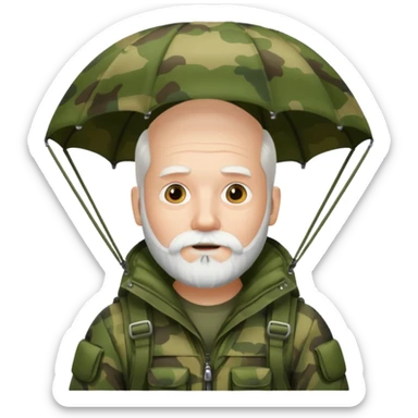 Man with a white beard wearing camouflage in a parachute sticker