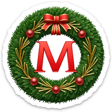 3D emoii of the iconic Moscow Metro "M" logo, reimagined as a Christmas wreath. Made of green pine needles, decorated with small red ornaments and glowing golden LED sticker