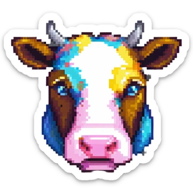 ultra-minimal blocky Minecraft cow head emoji with one large colorful square pixel, perfectly square, extremely simple, abstract, playful, childlike sticker