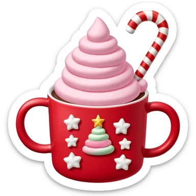 hot chocolate with pastel pink marshmallows in red christmas mug with stars and candy cane, trendy aesthetic sticker