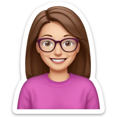 50 yr Caucasian woman, long brown hair parted on side, brown eyes, glasses,big smile, white teeth, pink sweater sticker
