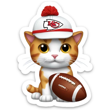 Calico cat holding a football wearing a chiefs hat sticker