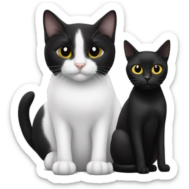 A black cat sitting next to a black and white cat sticker