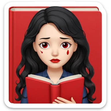 Long Hair Women with red Book, Black wavy hair, sad

 sticker