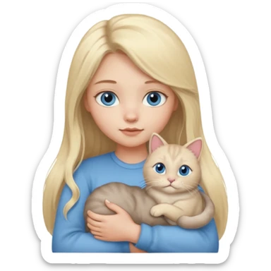 blonde girl with long blonde hair and blue eyes with chubby gray cat sticker