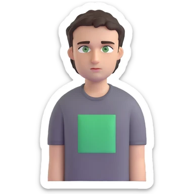 man with dark messy short hair, dark green eyes, wearing a gray t-shirt sticker