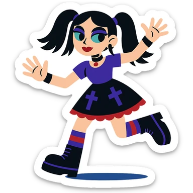 gothic girl, bold colors, playful gothic fashion, dynamic pose, vibrant toon style sticker
