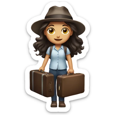 long dark hair brown eyed girl flight  holding suitcase with hat  sticker