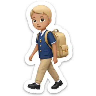 Picture → Child with school bag going to school
Label → “I go to school.” sticker
