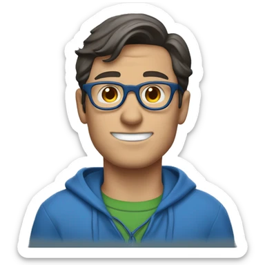Clark Kent wearing a blue sweatshirt using a laptop sticker