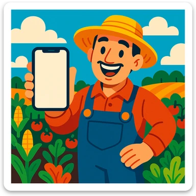 A smiling farmer showing a smartphone screen, surrounded by crops, friendly and approachable. sticker