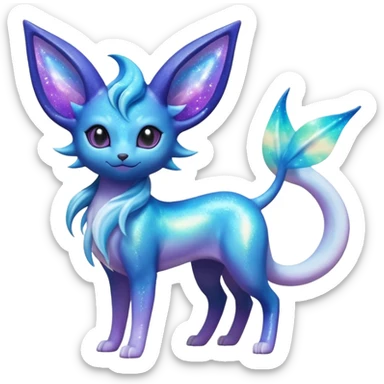 Shiny Iridescent Sparkly Nebulae Espeon-Lumineon-Vaporeon-Amaura-Glaceon-Dragonair-Fakémon-hybrid-creature (full body)  with a galaxy-dust-flowing-gradient-tail sticker