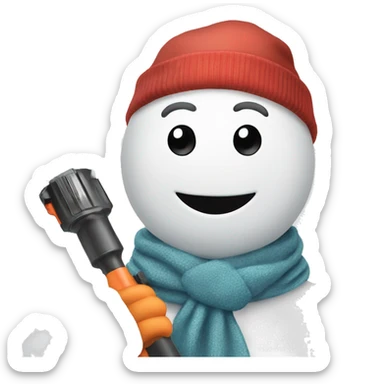 snowman with hat and scarf holding a powertool sticker