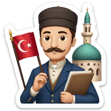 "A dignified historical poet with a mustache, wearing an Ottoman-era suit, holding a quill and paper, with the Turkish flag in the background, a mosque silhouette behind him, and a determined expression on his face." sticker