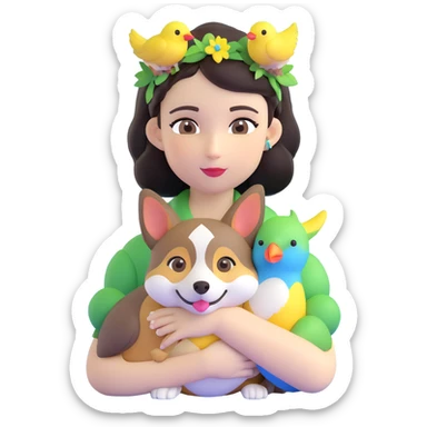 Dark short hair, dark brown eyes with pale skin and thin eyebrows girl hugging a welsh corgi. And a green-reddish lovebird on her head with yellow, blue love birds around her. sticker