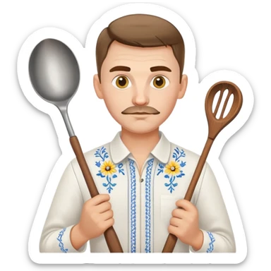 Ukrainian man in traditional white embroidered shirt holding a ladle and kitchen shears sticker