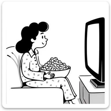 Hand-drawn person in pajamas watching movie at home with a big bowl of popcorn, tv light glowing sticker