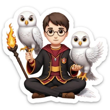 harry potter in gryfinndor uniforn sitting on firebollt hedwig sitting on hand sticker