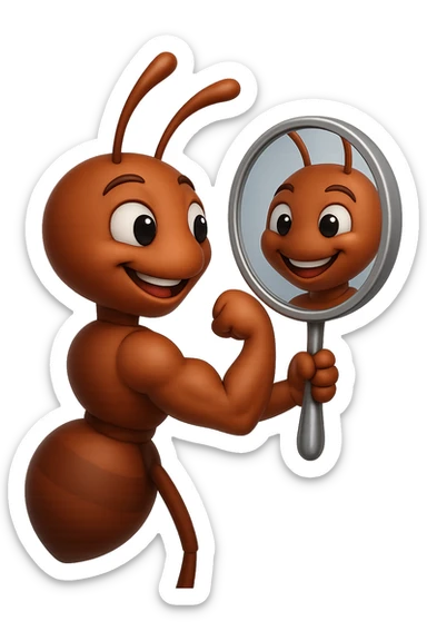 EMOJI STILE IPHONE 3D DI una formica che si guarda allo specchio felice e sicura di sè mentre contrae il suo bicipite muscoloso, fagli anche la parte bianca degli OCCHI, non solo la pupilla sticker