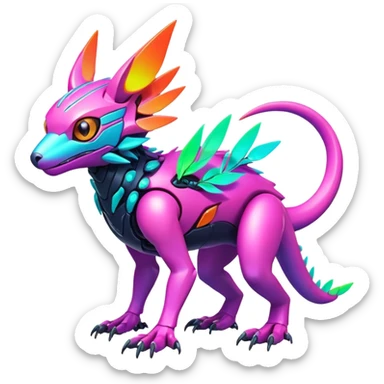 Tropical futuristic lush warm-colored colorful neon-colored cyber-Fakémon-Digimon-Trico-creature sticker