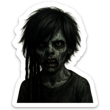 boy zombie with black medium-long emo shaggy hair and dreads, dark and spooky, creepy expression sticker