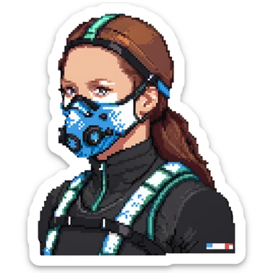 Pixelated athlete with VO2 max face mask and breathing apparatus, fitness lab testing sticker