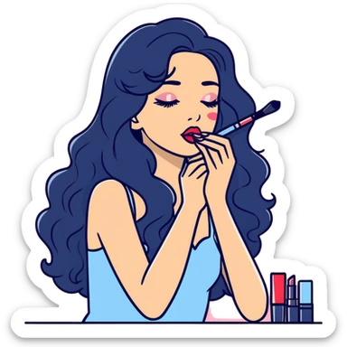 chica de cabello ondulado negro y largo maquillándose y tirando beso sticker