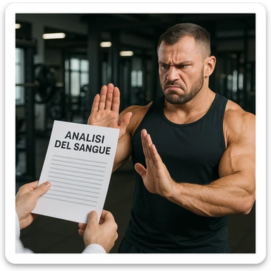 muscular bodybuilder in a gym with an annoyed expression, refusing a paper with the text 'Analisi del sangue' offered by a doctor, denial gesture with hand, wearing sportswear, Italian text, 4K quality sticker