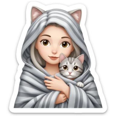 A beautiful woman wrapped in a blanket holding a silver tabby sticker