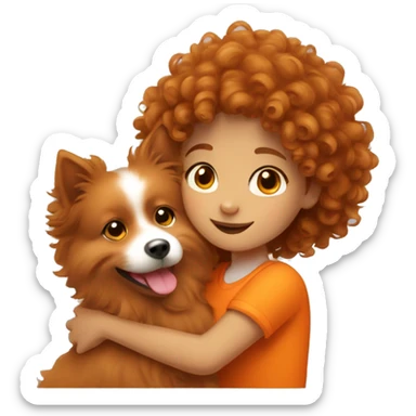 Girl with curly brown hairs hugs orange spitz  sticker