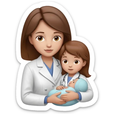Show a nurse in a white coat, attending to a baby, with a light expression and soft detail typical of modern emojis. The scene should have a clean look, with subtle shadows and soft contours, brown hair, maintaining the 3D cartoon style used in iOS emojis.  sticker
