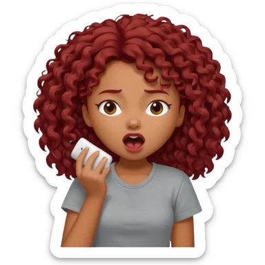 generate a pretty bratz brown skinned girl curly dark red hair, yawning in a grey tshirt bored. sticker