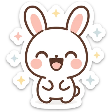 kawaii emoji-style bunny, white fur, pink cheeks, large upright ears with pink insides, closed crescent eyes, wide open laughing mouth, rounded head, chibi proportions, minimal lines, centered, flat color, thick dark outlines, vector pen tool, simplified shading, sticker-ready sticker