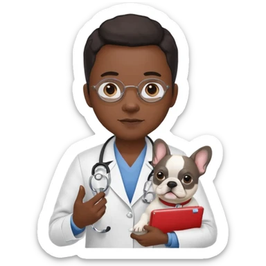 hombre médico que tenga un estetoscopio de color de tez negra que sostiene un bulldog francés blanco sticker